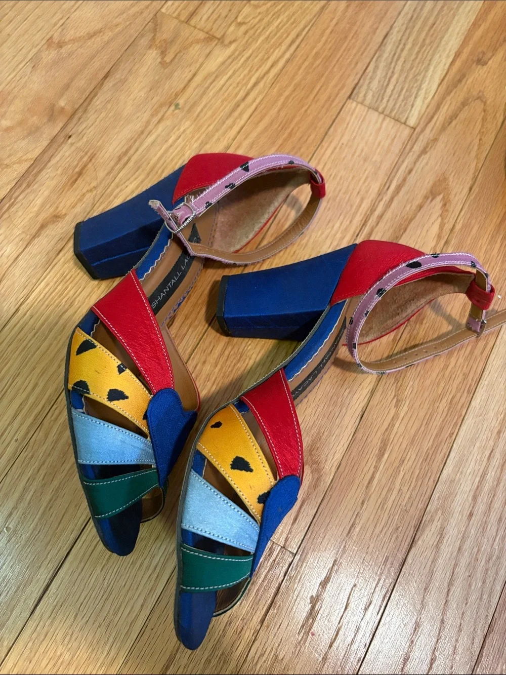 Shantall Lacayo Project Runway Raw Silk Heels Heart Rainbow Ankle-Strap Sandals